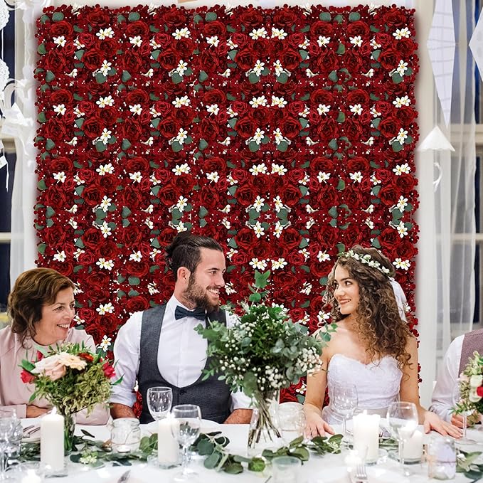 Pack of 12 Artificial Silk Flower Panels, Faux Floral Wall Background for Wedding Party Engagement Bridal Shower Arrangement Home Decorations - Burgundy