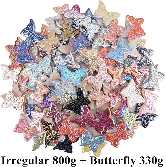 2.5 lb Irregular & Butterfly Mix Ceramic Mosaic Tiles for Crafts - (800g Irregular Tiles + 330g Butterfly Pieces), Assorted Ceramic Tiles for Mosaic Art, DIY & Home Decor