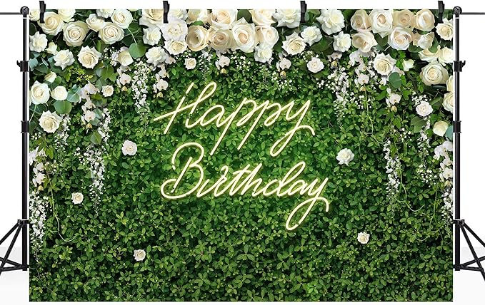 Riyidecor Happy Birthday Backdrop for Women Neon Flower Wall White Rose Green Leaves Floral Blossom Botanical Plant 7Wx5H Feet Nature Photography Background Girls Photo Studio Shoot Polyester Fabric