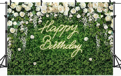 Riyidecor Green Leaves Birthday Backdrop Polyester Fabric for Women Flower Wall 8Wx6H Feet White Rose Floral Elegant Happy Birthday for Girls Photography Background Birthday Party Photo Studio Shoot