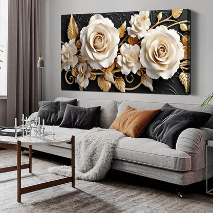 Flower Large Canvas Wall Art for Living Room Bedroom Home Office White and Gold Wall Art Blossom Picture Framed Wall Decor Modern Canvas Prints 29x59 In