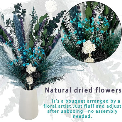 Natural Dried Flower Bouquet, 17” Blue Pampas and Eucalyptus Arrangement with Lavender and Turquoise Accents, Rustic Boho Floral Decor for Living Room, Bedroom, or Gift
