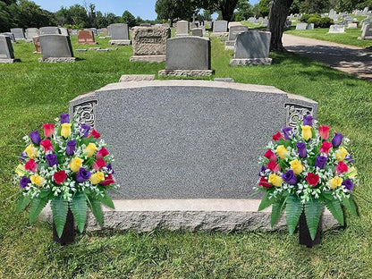 Artificial Cemetery Flowers, Gravesite Decoration Roses, Memorial Bouquets with Cemetery Vase, Vibrant and Long-Lasting Colors (Yellow+Purple+Brilliant Red, 2 Bundles)