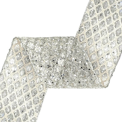 VATIN 4" Champagne Christmas Ribbon, Silver Glitter Mesh Diamond Web Sequin Dots Wired Christmas Ribbon for Gift Wrapping Bow Making Wreath Supply-10 Yards