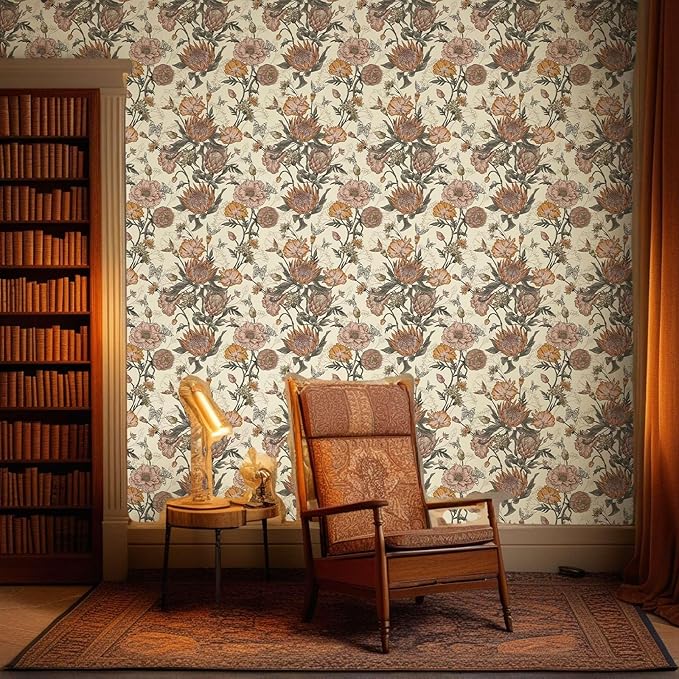 Floral Wallpaper Peel and Stick Floral Contact Paper Yellow and Pink Vintage Wall Paper Removable Self Adhesive Vinyl Stick on Wallpaper for Bathroom Bedroom Decor 17.3in x 400in
