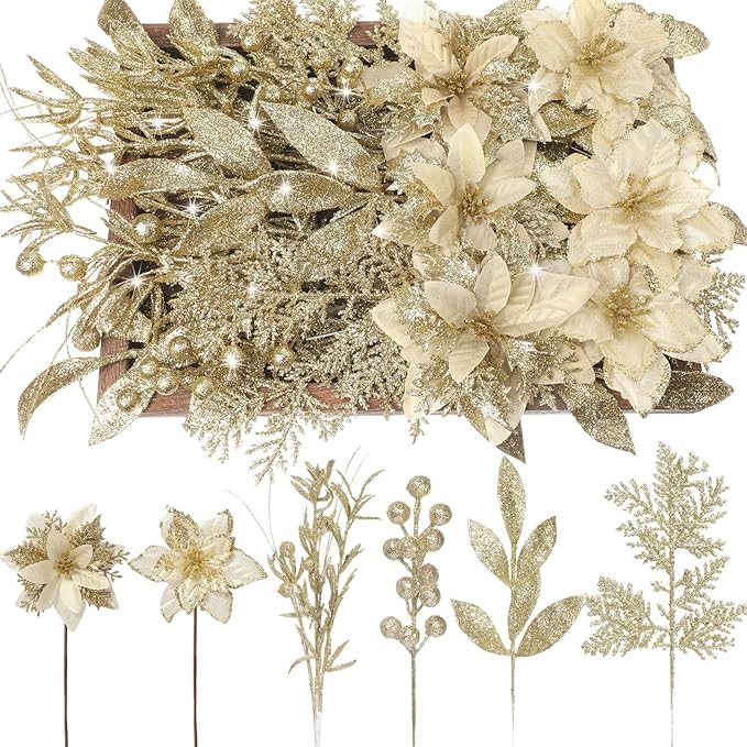 60 Pcs Christmas Glitter Branches 6 Styles Artificial Christmas Picks Berries Stems Poinsettia Flowers Pine Needles Floral Twig Spray for Xmas Tree Ornaments DIY Wreath Garland(Gold)