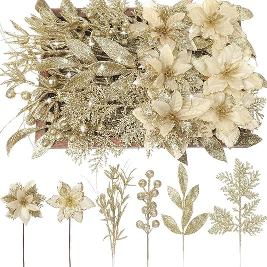 60 Pcs Christmas Glitter Branches 6 Styles Artificial Christmas Picks Berries Stems Poinsettia Flowers Pine Needles Floral Twig Spray for Xmas Tree Ornaments DIY Wreath Garland(Gold)