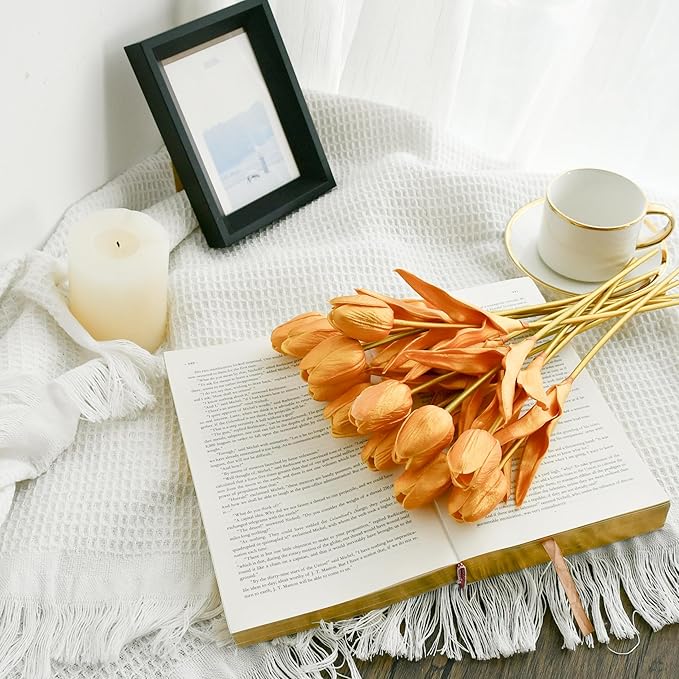 Mandy's Artificial Tulips 12 Stems Fully Gold PU Faux Flowers for Thanksgiving Christmas Decorations Wedding Home Decor 13.5 Inch