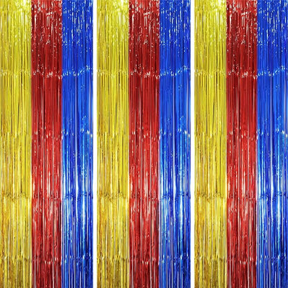 3 Pack 3.3 x 8.2 ft Blue Red Gold Foil Fringe Backdrop Curtains, Tinsel Streamers Party Decorations, Fringe Backdrop, Door Shimmer for Birthday Party