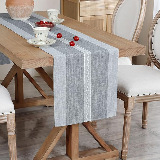 Farmhouse Braided Striped Table Runner Rustic Embroidery Coffee Table Runners for Decorations Weddings Holiday Grey 13x108inch