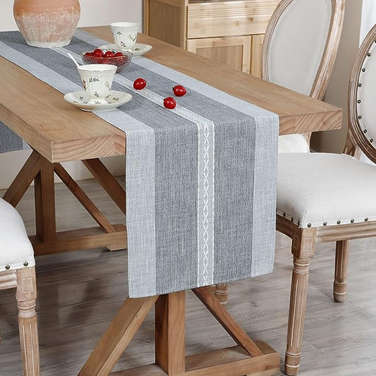 Farmhouse Braided Striped Table Runner Rustic Embroidery Coffee Table Runners for Decorations Weddings Holiday Grey 13x60inch