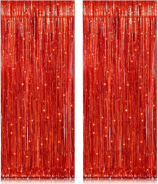 2 Pack 3.2ft x 8.2ft Red Foil Fringe Curtain, Glitter Metallic Tinsel Foil Fringe Curtains Photo Booth Backdrop Tinsel Door Curtains for Wedding Bridal Shower Bachelorette Christmas Party Decorations