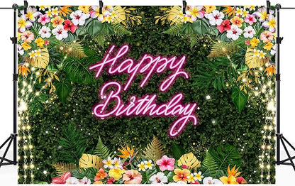 Riyidecor Happy Birthday Backdrop for Women Fabric Floral Green Leaves Pink Neon Girl Summer Hawaii Flower Plant 7Wx5H Feet Lights Botanical Photography Background Birthday Photo Studio Shoot