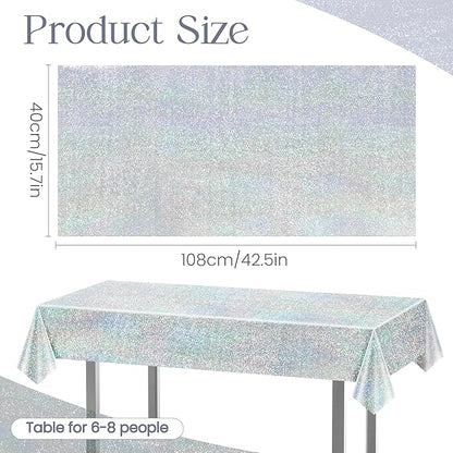 8 pcs Silver Holographic Tablecloths Shiny Disco Laser Table Cloths 40" x 108" Iridescence Plastic White Table Cover for Birthday Party Decoration Wedding Christmas Winter Grad Party Supplies