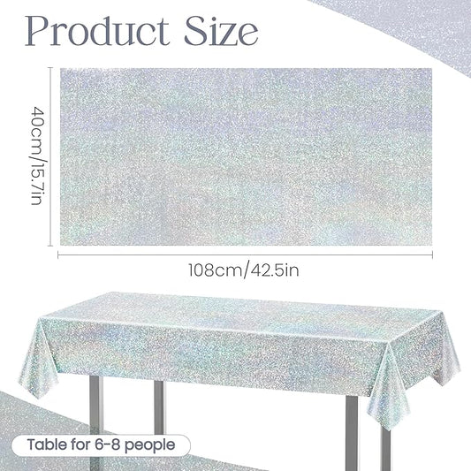 2 pcs Silver Holographic Tablecloths Shiny Disco Laser Table Cloths 40" x 108" Iridescence Plastic White Table Cover for Birthday Party Decoration Wedding Christmas Winter Grad Party Supplies
