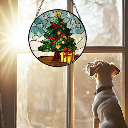 Stained Glass Window Hanging Green Christmas Tree Snowflake 9.8" - Suncatcher Door Garden Sun Catcher Xmas Holiday Decor Birthday for Mom Men Woman Friend Nana