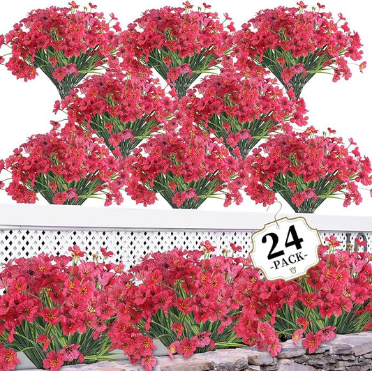 24 Rose Red Bundles Artificial Flowers for Outdoors/Indoors Fake Flowers Plants for Indoor Outside Garden Porch Window Box Home Wedding Farmhouse
