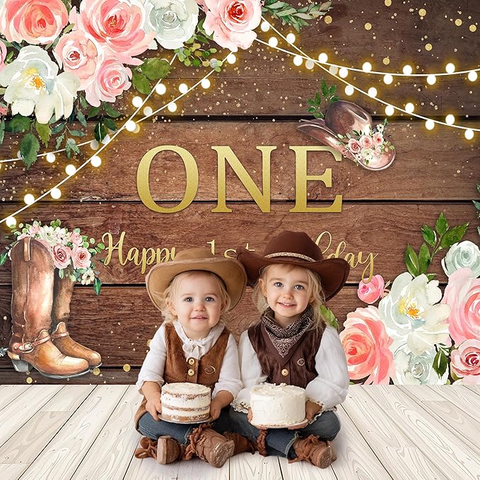 SVBright Cowgirl First Birthday Backdrop 8Wx6H Western Rustic Country Retro Wooden Plank Pink Flower Wood Hat Happy Birthday Baby Shower Decorations Photography Background Banner Photo Booth Studio