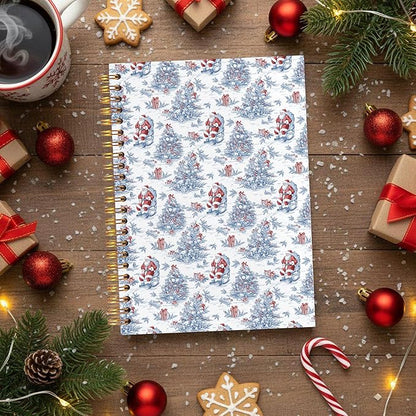 VIIJJUE Blue and White Chinoiserie Christmas Santa Notebook for Women, Vintage French Country Toile de Jouy Journal, Xmas Red Santa Holiday Hardcover Spiral Notebooks, 5.5x8.3 Inch-03
