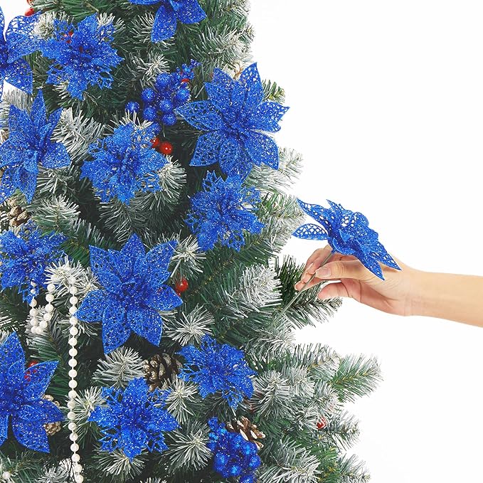 Zhuqing 22Pcs Christmas Poinsettia Artificial Flowers and Glitter Berries Stems Kit, 16Pcs Christmas Tree Flowers Ornaments and 6 Pack Christmas Tree Picks for Wedding Holiday Decorations (Royal Blue)