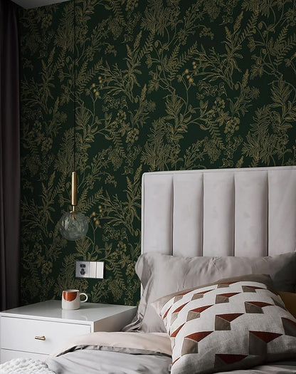 Peel and Stick Wallpaper Dark Green and Gold Floral Wallpaper Vintage Flower and Leaf Contact Paper for Cabinets Self-Adhesive Removable Wallpaper for Bedroom Bathroom Kitchen 197"x17.3"