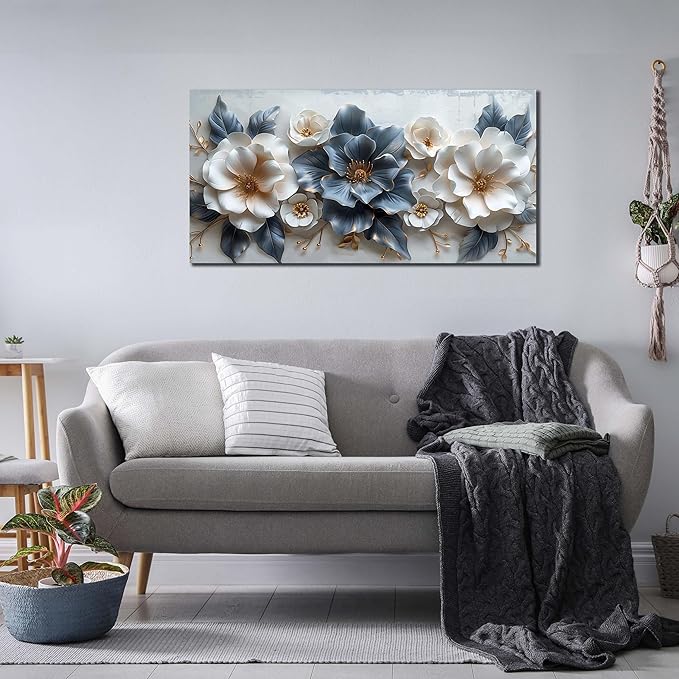 Flower Prints Wall Art for Living Room Blue and White Paintings for Wall Office Wall Decor for Bedroom Aesthetic Size 20" x 40"