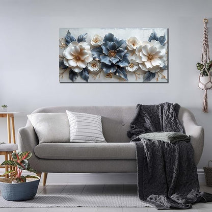 Flower Prints Wall Art for Living Room Blue and White Paintings for Wall Office Wall Decor for Bedroom Aesthetic Size 20" x 40"