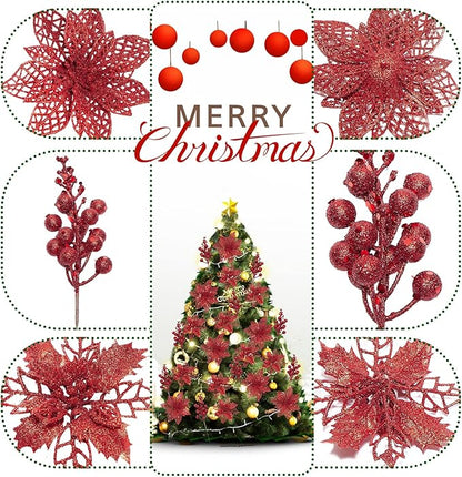Zhuqing 22Pcs Christmas Poinsettia Artificial Flowers and Glitter Berries Stems Kit, 16Pcs Christmas Tree Flowers Ornaments and 6 Pack Christmas Tree Picks for Wedding Holiday Decorations (Red)