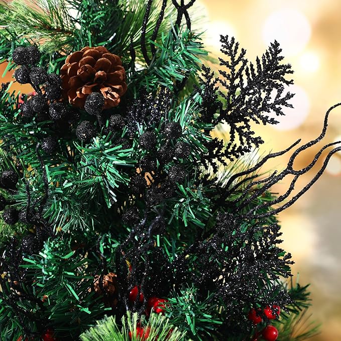 75 Pcs Christmas Glitter Branches 3 Styles Artificial Christmas Picks Berries Stems Pine Needles Floral Twig Spray for Xmas Tree Ornaments DIY Wreath Garland(Black)
