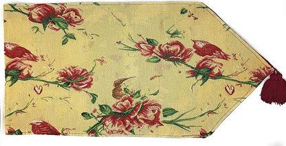 Tache Floral Red Roses Birds Golden Woven Table Runner - Vintage Tapestry Kitchen Dining Dinner Linens Cloth - 13 x 72 inches