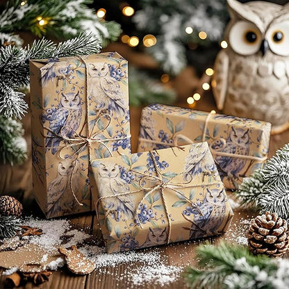 WRAPAHOLIC Kraft Christmas Wrapping Paper - Mini Roll - 17 Inch x 33 Feet - Owl Wrapping Paper Wild Animal Winterfall Watercolor Design for Christmas, Holiday, Party Celebration
