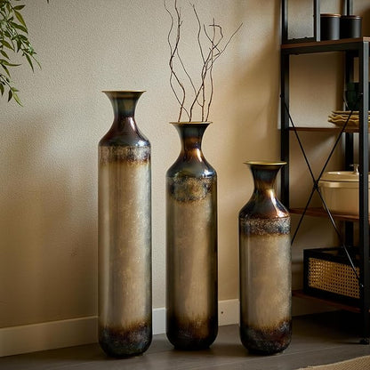 Metal Floor Vases Decorative, Set of 3 Flower Arrangement Stand, White Glazed Metal Decorative Vase Tall Distressed Metallic Centerpiece Vases, 33.5", 28.7", 24" H (Gold＆White)