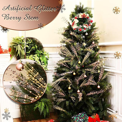 Geosar 30 Pcs Christmas Artificial Glitter Berry Stem Decorations 17 Inch Faux Stick Floral Pick Centerpiece Bouquet Flower Bead Twigs for Centerpiece Tree Wreath Xmas Ornaments Home(Rose Gold)