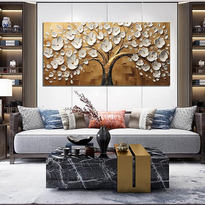 Large Wall Art for Living Room Bedroom Office Tree Art Wall Decor Gold Artwork Tree of Life Wall Art White Flower Framed Wall Decor Modern Canvas Prints 29x59 In