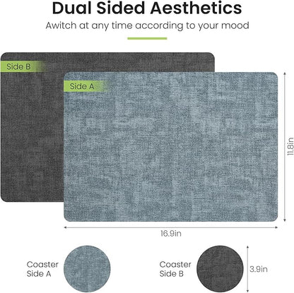 Placemats Set of 4, Faux Leather Heat Resistant Wipeable Placemats, Dual Sided Waterproof Washable Table Mats with Coaster, Suitable for Kitchen, Dining, Table Decor (4, Black Light Blue)