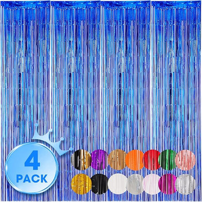 4 Pack Blue Foil Fringe Backdrop Curtains, Tinsel Streamers Birthday Party Decorations, Fringe Backdrop for Graduation, Baby Shower, Gender Reveal, Disco Party