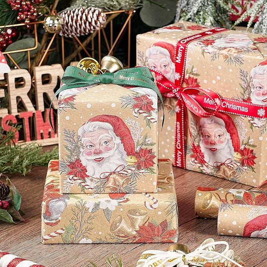 RUSPEPA Kraft Christmas Wrapping Paper Set, Jumbo Roll, Vintage Santa, Bird, Poinsettia,and Gold Snowflake Plaid Design, Kraft Gift Wrap for Christmas, Holiday, 4 Rolls, 30 Inches x 10 Feet per Roll