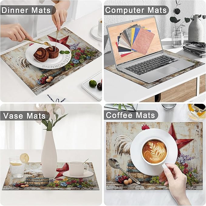 Farmhouse Chicken Placemats Set of 4 Washable Table Retro Rooster Heat-Resistant Cotton Linen Place Mats for Dining Table Kitchen Indoor Outdoor Party Holiday Decor