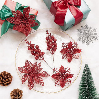 Zhuqing 22Pcs Christmas Poinsettia Artificial Flowers and Glitter Berries Stems Kit, 16Pcs Christmas Tree Flowers Ornaments and 6 Pack Christmas Tree Picks for Wedding Holiday Decorations (Red)