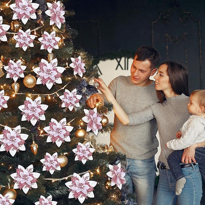 24 Christmas Glitter Artificial Poinsettia Flowers Xmas Poinsettia Artificial Wedding Flowers Decorations Xmas Tree Ornaments with Clips for Party Favors, 6 Inch, 4 Inch, 3 Inch (White Pink)