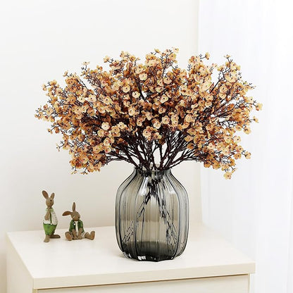 Babys Breath Silk Artificial Flowers Bulk With Vase 10pcs for Fall Decor Fake flower bouquet Bulk for Home Kitchen Indoor Bouquet Floral Arrangement Table Centerpieces Party Decor(Khaki With Vase)