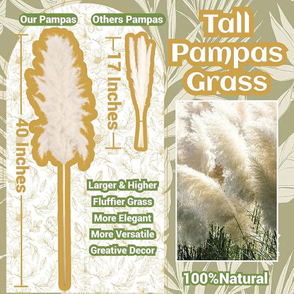 10 Stems 40" Tall Natural Dried Pampas Grass Decor, Large Tall Beige Pampas for Floor Vase, Arch, Farmhouse, Wedding, Party, Boho Home Decor Christmas