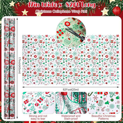 woric Cellophane Wrap for Gift Baskets 17in x 82 Ft Christmas Cellophane Wrap Roll Gift Basket Wrapping Plastic for Gift Wrapping Treats Party Favors Christmas Decoration