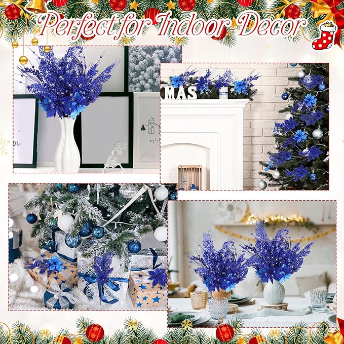 18 Pack 3 Styles 17 Inch Christmas Glitter Poinsettia Berry Stems Ornaments Artificial Floral Branches Picks for Christmas Tree Home Vase Holiday Party Decor(Royal Blue)