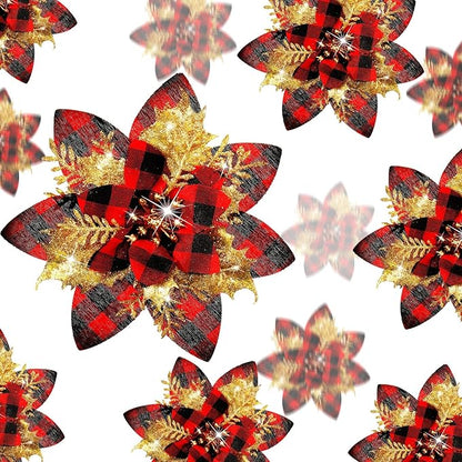 24 Christmas Glitter Artificial Poinsettia Flowers Xmas Poinsettia Artificial Wedding Flowers Decorations Xmas Tree Ornaments with Clips for Party Favors, 6 Inch, 4 Inch, 3 Inch (Red Black, Gold)
