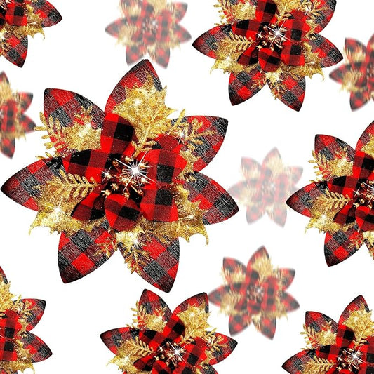 24 Christmas Glitter Artificial Poinsettia Flowers Xmas Poinsettia Artificial Wedding Flowers Decorations Xmas Tree Ornaments with Clips for Party Favors, 6 Inch, 4 Inch, 3 Inch (Red Black, Gold)