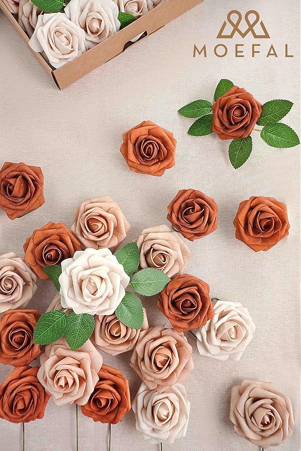25Pcs Artificial Foam Roses 3 Inch, Terracotta Sunset Palette with Burnt Orange & Nude Shades, Realistic Flowers for DIY Boho Wedding Bouquets, Centerpieces, Fall Decor