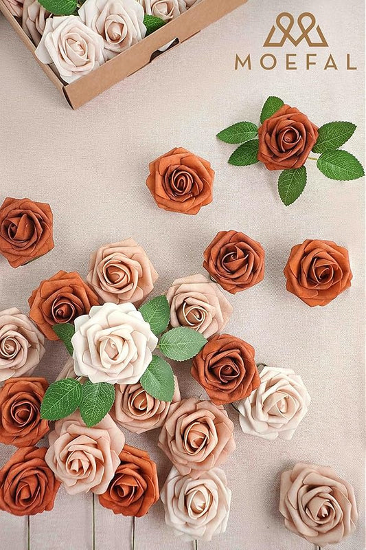 25Pcs Artificial Foam Roses 3 Inch, Terracotta Sunset Palette with Burnt Orange & Nude Shades, Realistic Flowers for DIY Boho Wedding Bouquets, Centerpieces, Fall Decor