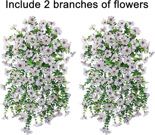 INSPRING Artificial Faux Outdoor Outside Flowers Plants, 2 PCS Fake Silk UV Resistant Look Real White Daisy Trailing Vines for Front Door Porch Planter Urn Patio Balcony Decoration
