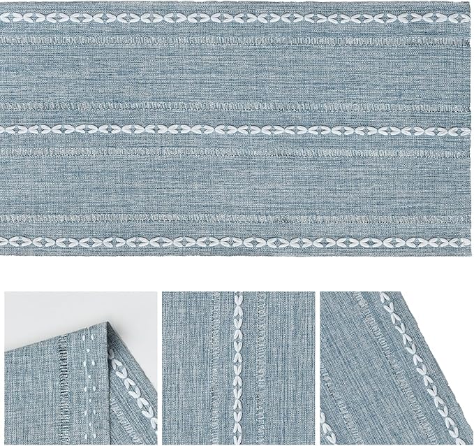 Artoid Mode Dusty Blue Cotton Linen Table Runner, Seasonal Rustic Embroidered Hollow Kitchen Dining Table Decoration for Home Party Decor 13x36 Inch